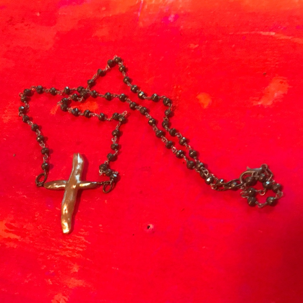 Cultured pearl cross on hematite rosary chain handmade
